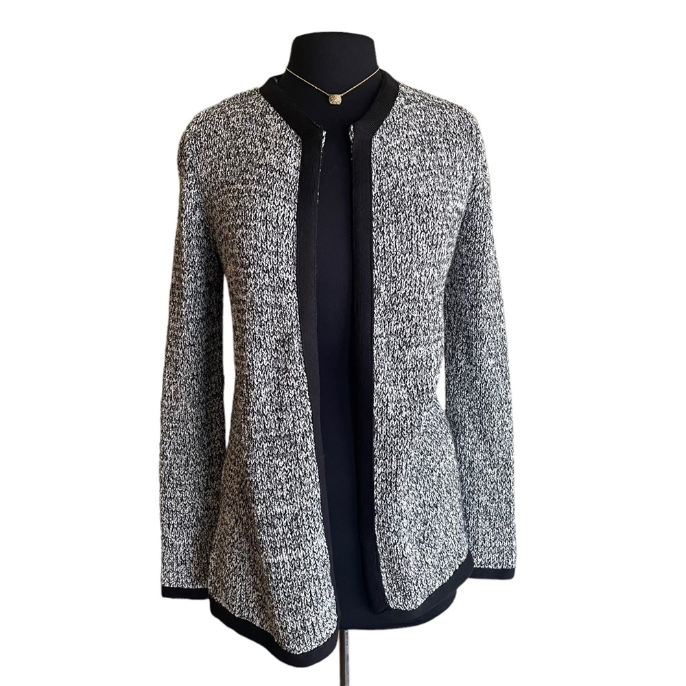 Ann Taylor Factory Gray Black Trim Long Open Knit Cardigan Sweater